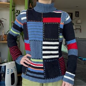 Retro Colorful Patchwork Knit Turtleneck Sweater